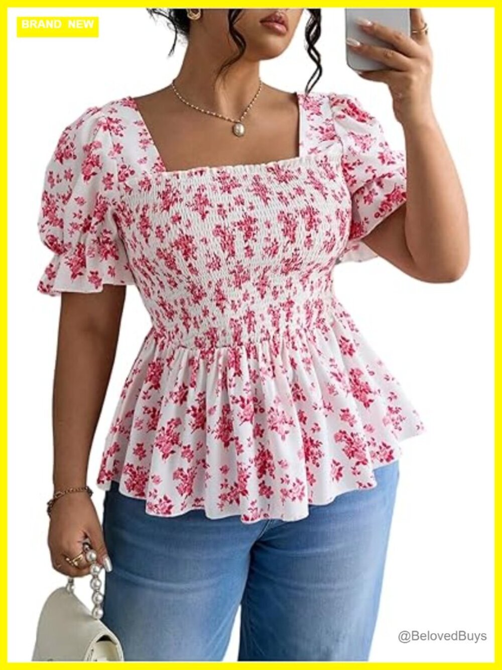 Plus Size Floral Smocked Peplum Top Square Neck Puff Sleeve Babydoll Boho Blouse